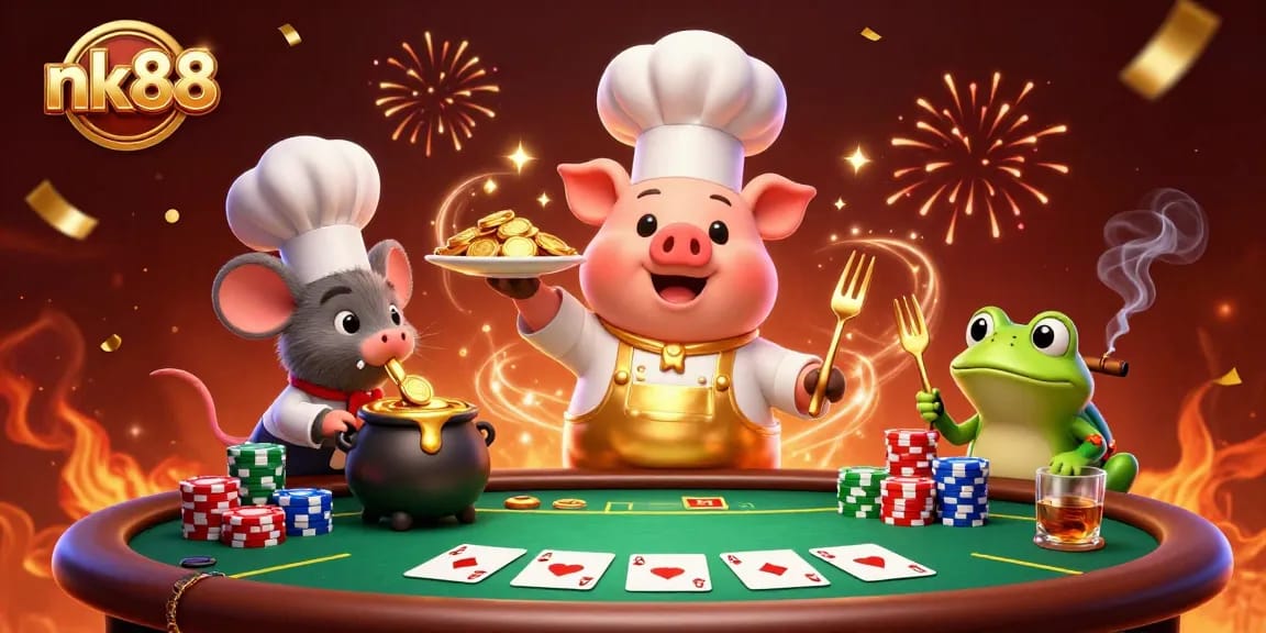 Experience the thrill of nk88 with a vibrant casino scene featuring playful characters and exciting game elements.