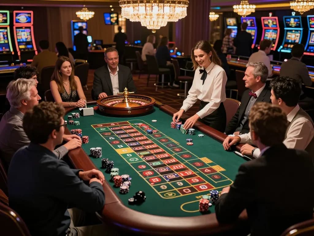 Jilipinas players betting on roulette with vibrant chips and an engaging dealer at a lively casino.