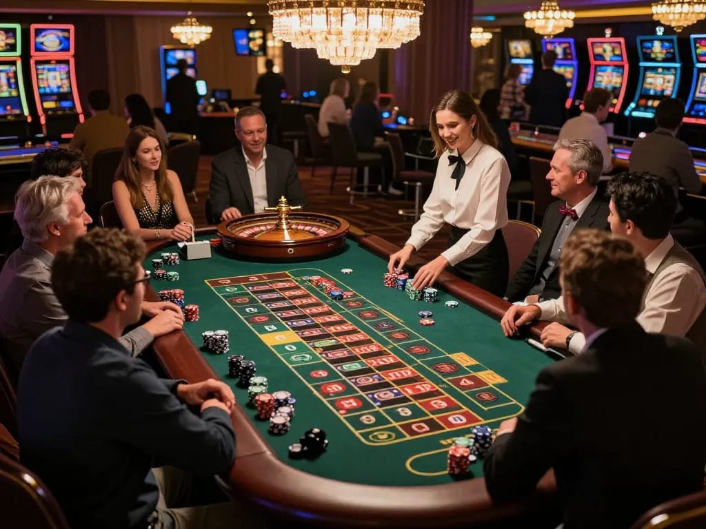 Jilipinas players betting on roulette with vibrant chips and an engaging dealer at a lively casino.
