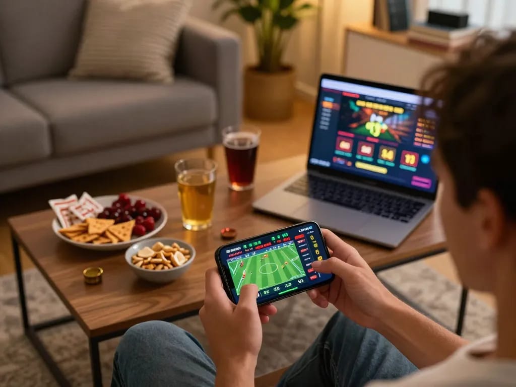 Engaged user placing bets on situs toto website using smartphone in a cozy home setting.