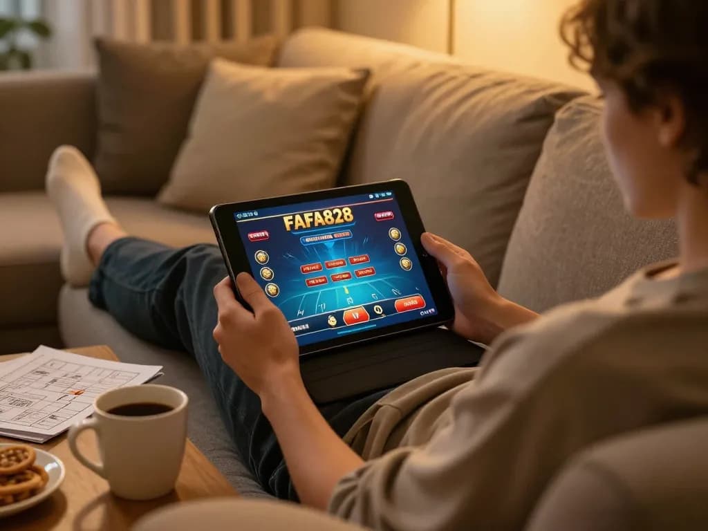 Engage in online gaming with FAFA828, showcasing a cozy home setup and strategic betting.