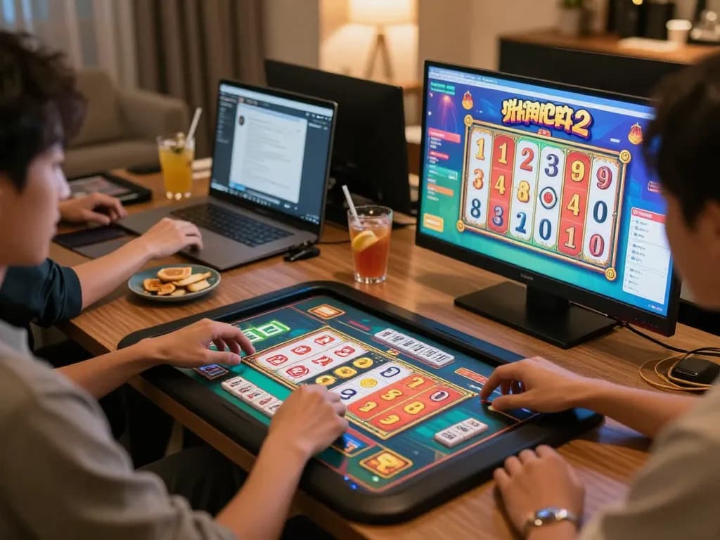 Players enjoying Mahjong Ways 2 slot game on multiple screens showcasing vibrant graphics