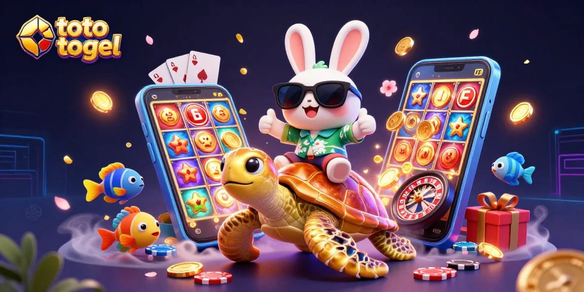 Engage in toto togel gaming with a lively scene featuring a lucky rabbit and golden turtle amidst exciting casino elements.