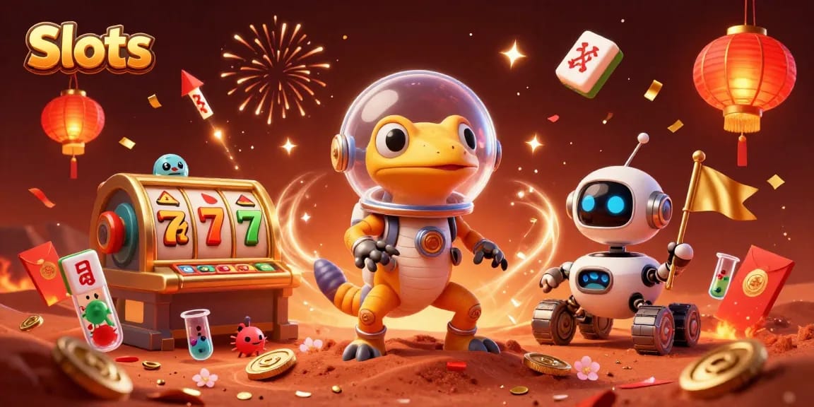 Engage in thrilling Slots action with a cartoon Martian gecko discovering a golden casino in dynamic 3D.