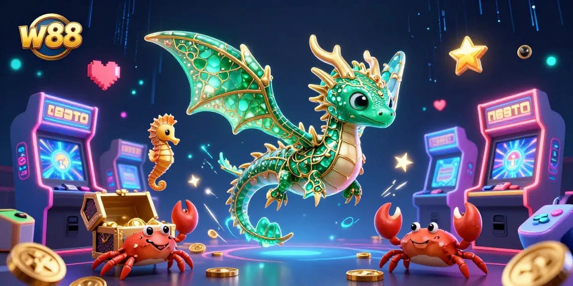 Cá cược tại w88 với rồng đại dương lấp lánh và kho báu được phép thưởng.