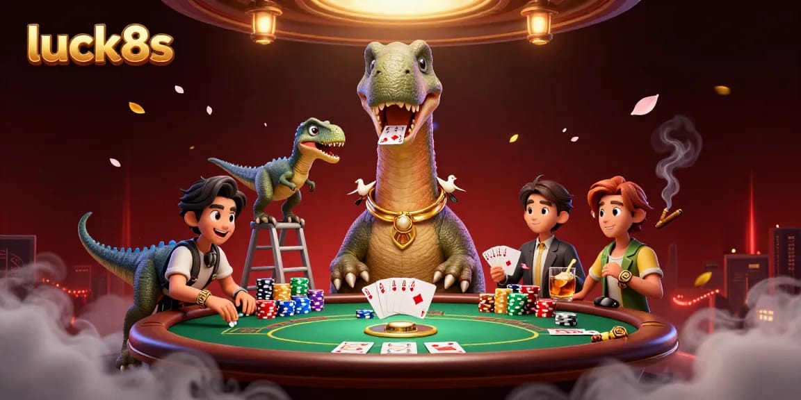 Experience luck8s at an enchanting casino scene featuring a brontosaurus and clever raptor in an action-packed setting.