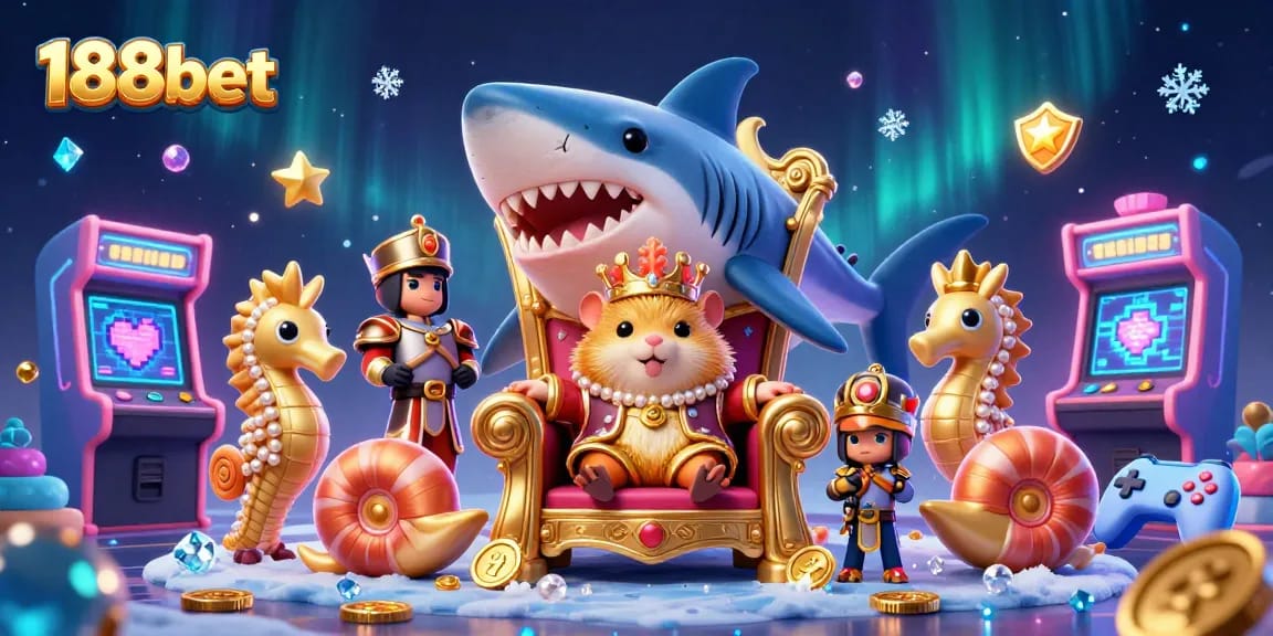 Engage with 188bet's vibrant 3D gaming world featuring a golden hamster king and colorful game elements.