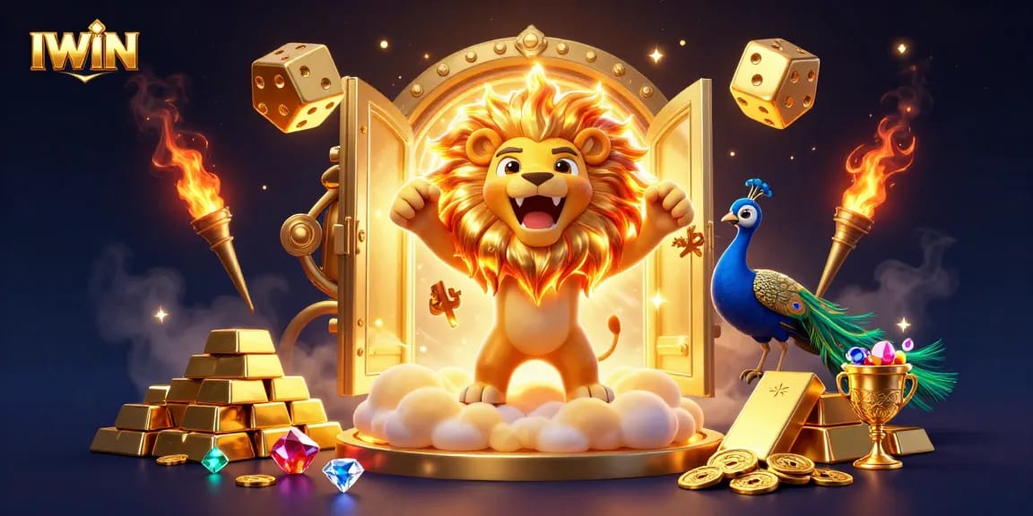 IWIN unleashes excitement with a roaring lion, golden dice, and sparkling treasures in a dynamic casino scene.