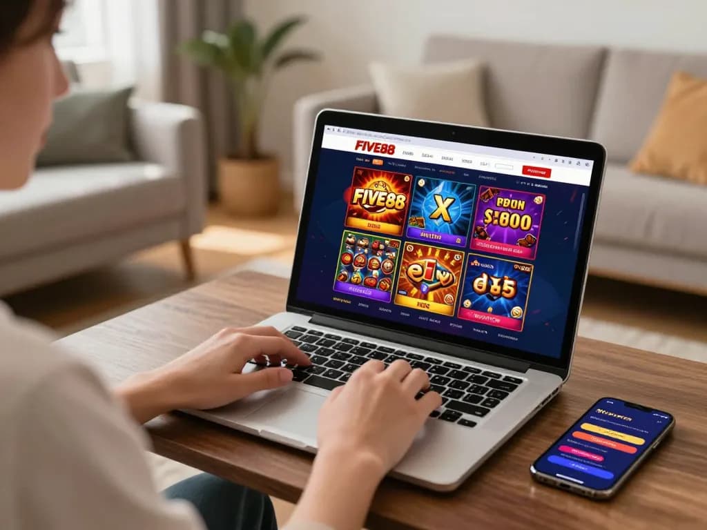 Engaging with the FIVE88 casino online gaming interface from a cozy home setting.