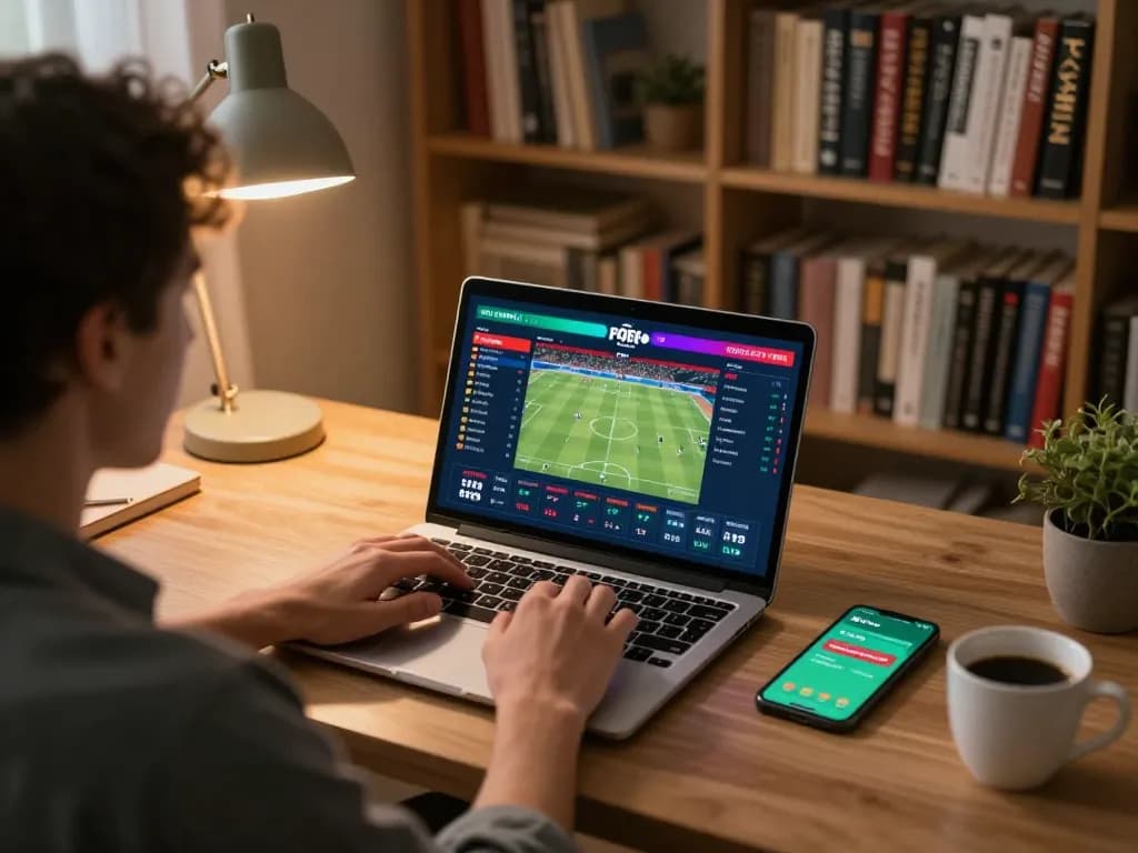 LIGA2000 sports betting scene with person engaged in online betting at home office.