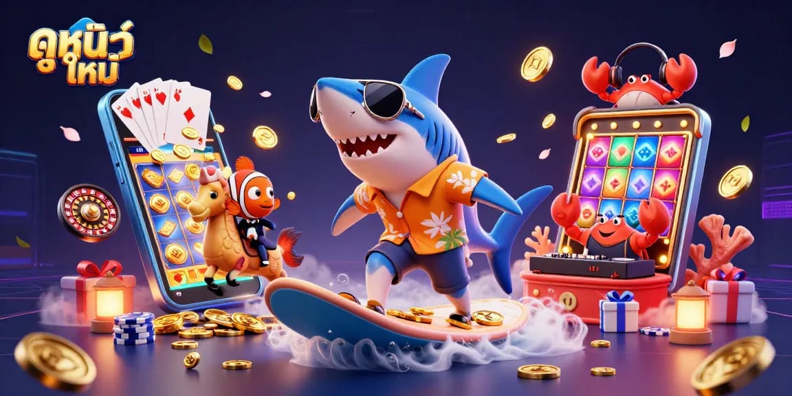 Engage in ดูหนังใหม่ as a 3D hammer-head shark captures excitement, riding waves of coins in a vibrant casino.