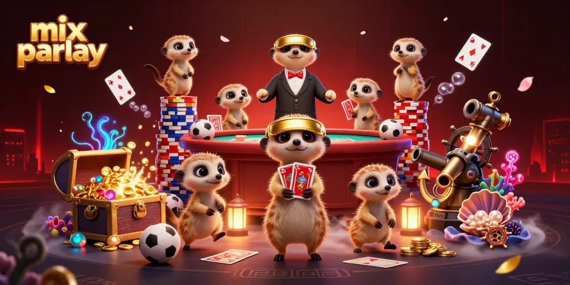 Engage in thrilling mix parlay betting strategies with animated meerkats in a vibrant casino scene.