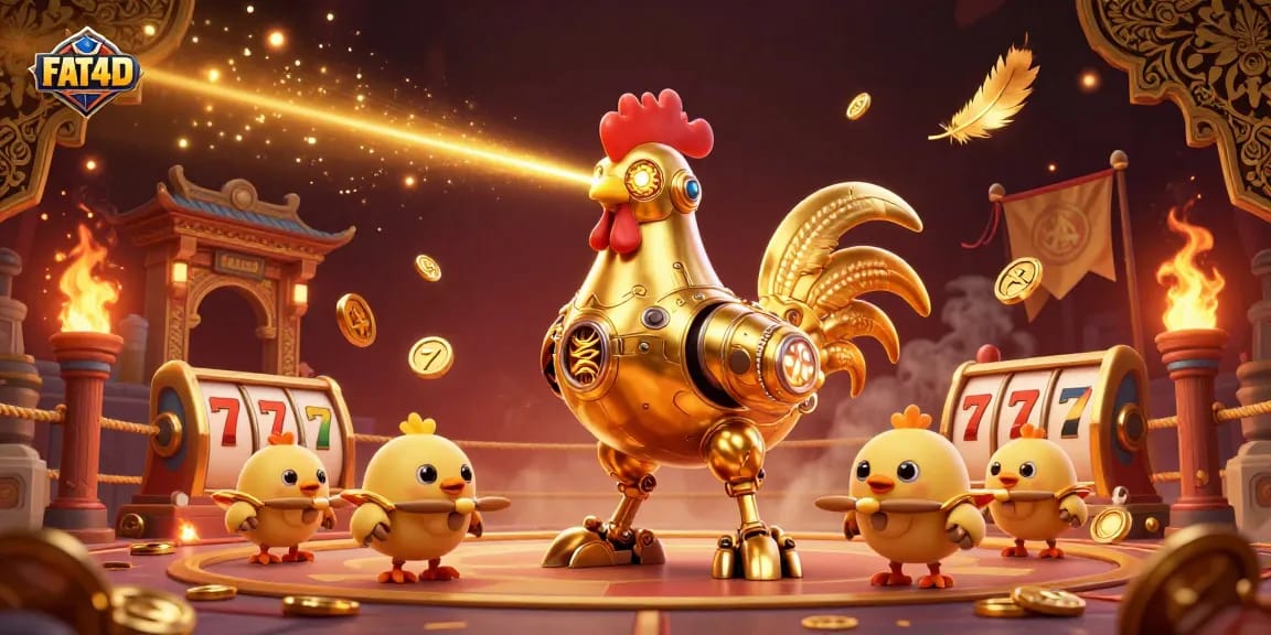 Experience FAT4D with an ultra-detailed 3D rendering of a golden rooster robot amidst swirling slot game elements.