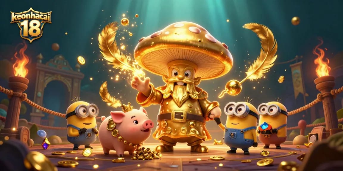 Experience the magic of keonhacai 18 with enchanting golden characters and vibrant gambling elements in action.