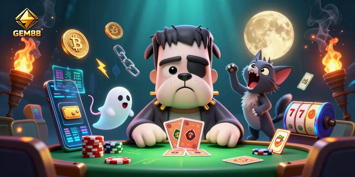 Engage in thrilling GEM88 casino action with a Frankenstein bulldog dealer and neon crypto elements.