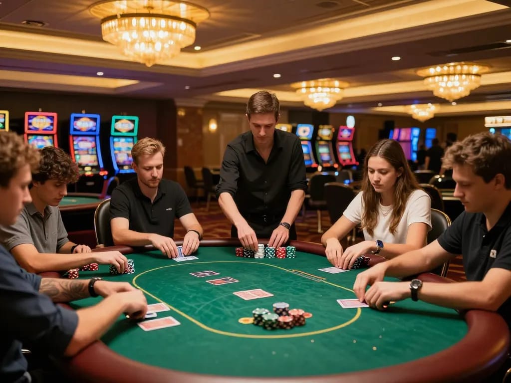 HM88 poker table action with players focused and chips stacked high in a luxury casino setting