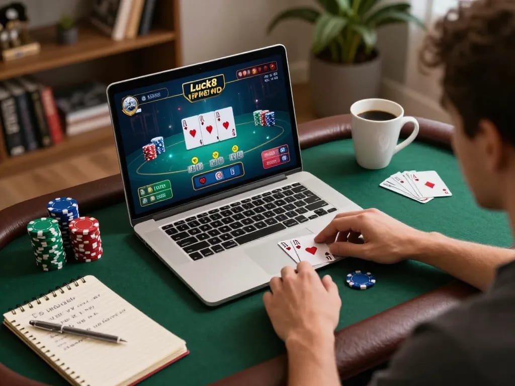 Experience strategic gaming with Luck8 VIP while playing poker online, capturing intense gameplay moments.