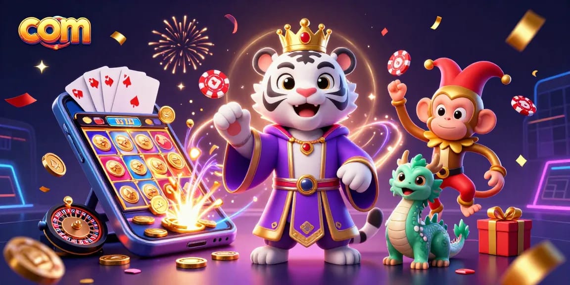 Win big with com at a vibrant online casino featuring colorful slot games, a juggling monkey, and a playful dragon.
