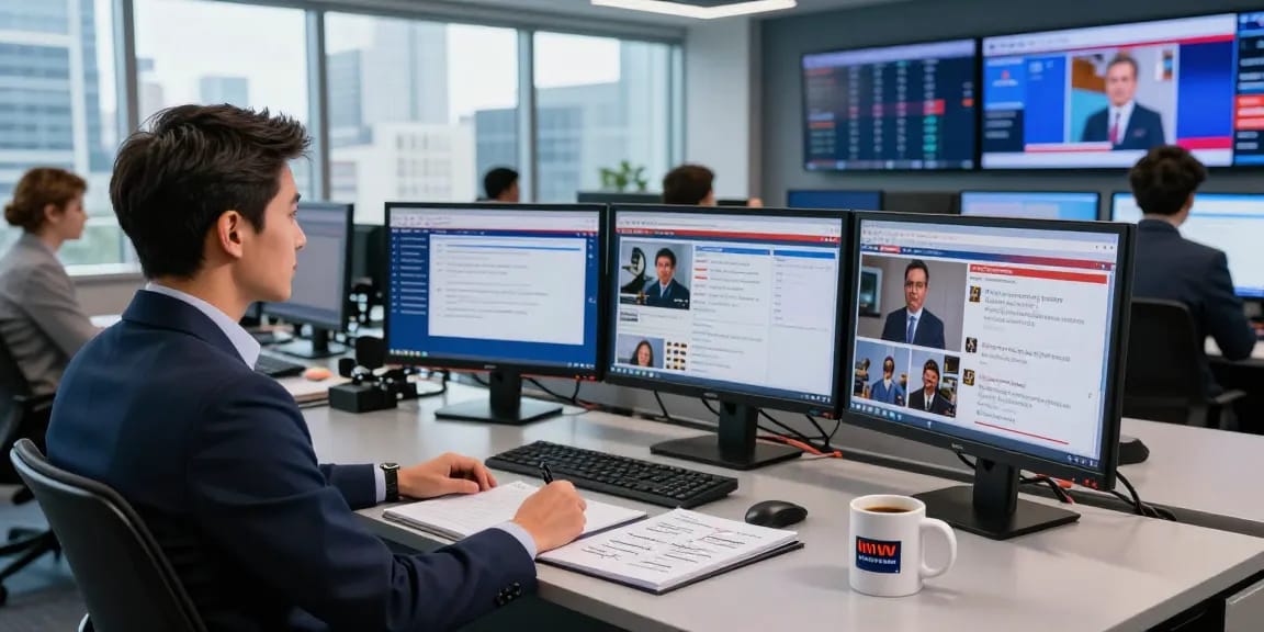 Newsroom environment with a journalist using https://www.theindaily.com for daily updates and audience engagement.