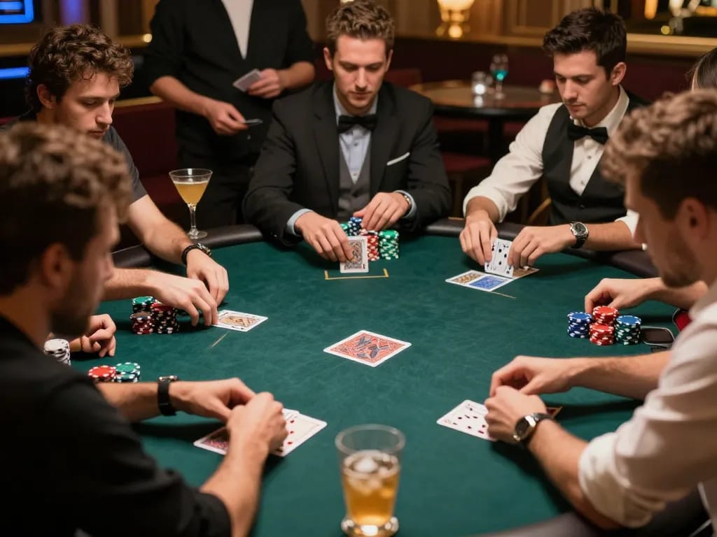 Players enjoying a competitive poker game at VT88, showcasing chips and cards in an upscale casino environment