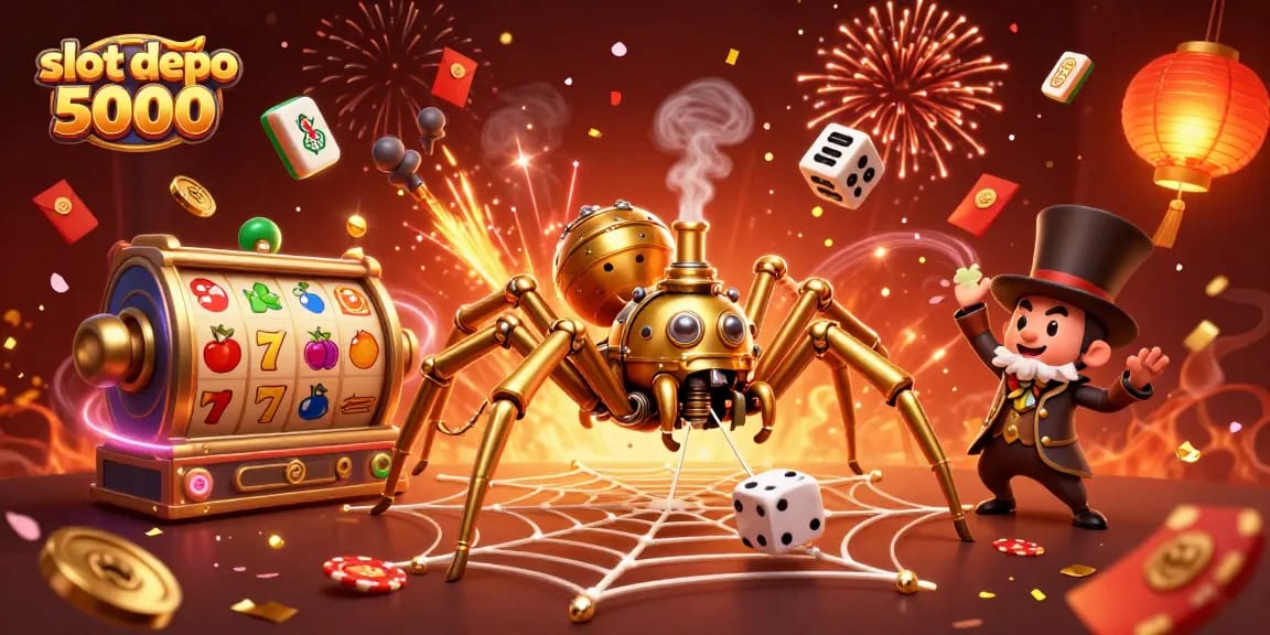 Engage with thrilling slot depo 5000 elements in this dynamic casino-themed illustration featuring vibrant slot reels and character interactions.
