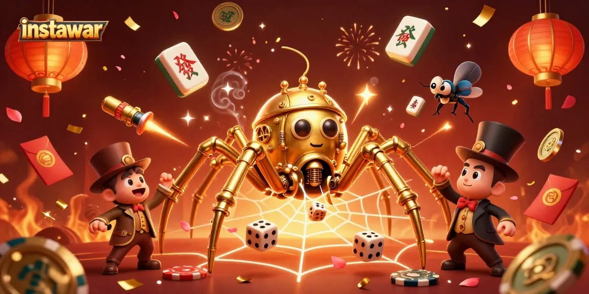 Engage with instawar’s golden spider in a thrilling casino adventure, capturing luck with poker chip webs.