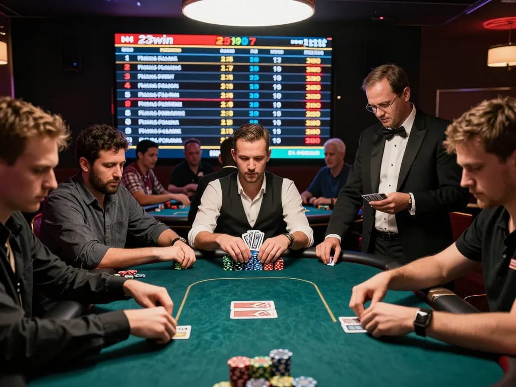 Players strategizing in a high-stakes poker tournament at 23win casino.