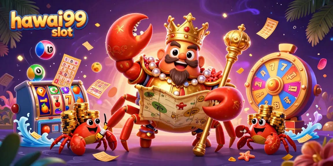 Engage with the hawai99 slot as a golden crab emperor leads a treasure-filled dynamic scene.