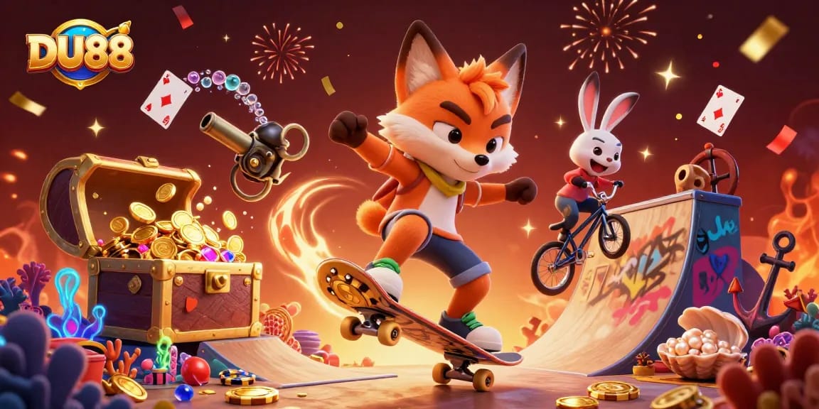 Experience the excitement of DU88 with a vibrant casino-themed 3D illustration featuring animated characters.