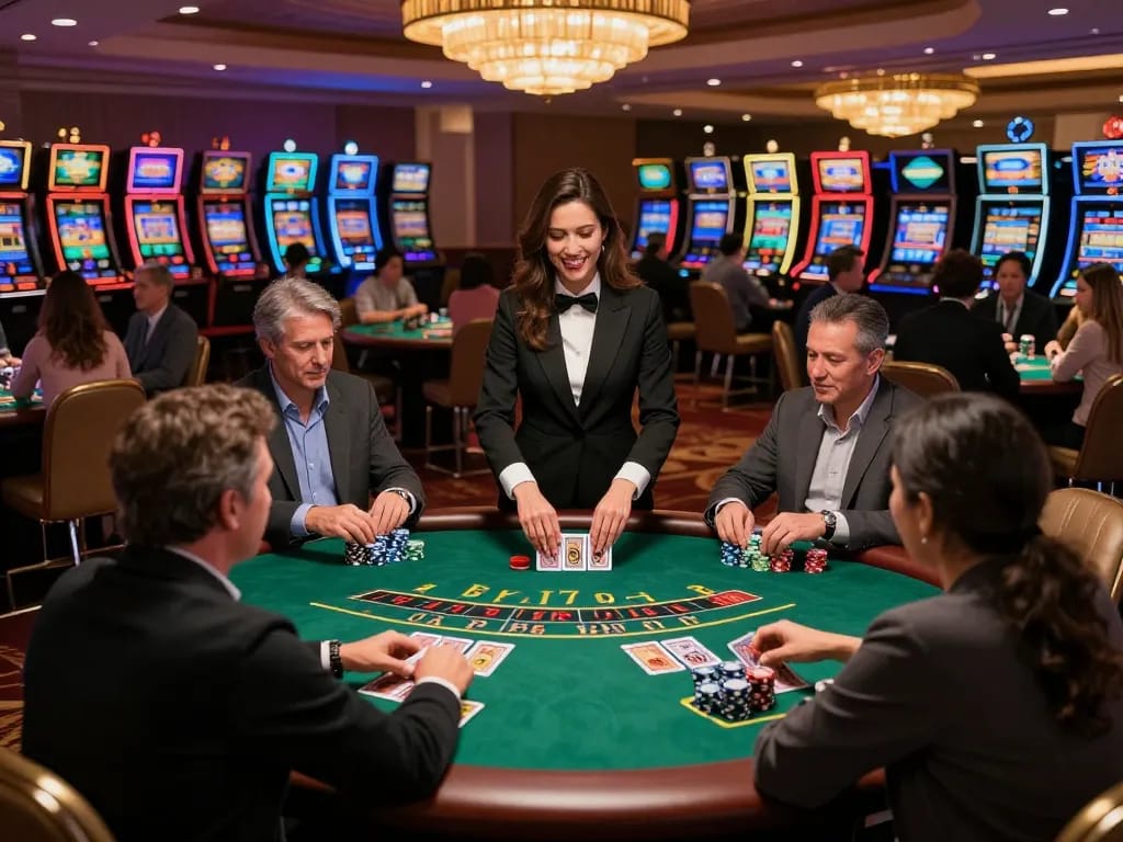 Engaged players at a blackjack table using strategy for TT88 gaming experience in a lively casino.