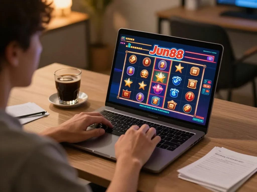 Experience online gambling excitement with Jun88; player engaged in slot gaming on a laptop.