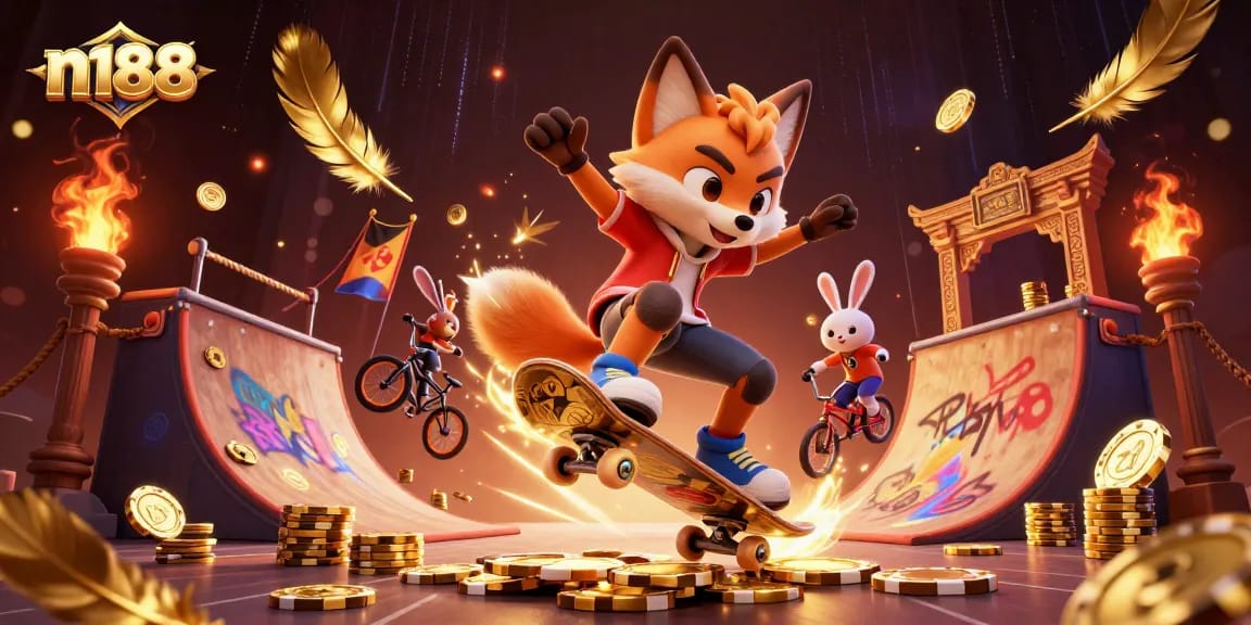 Experience thrilling gameplay and casino excitement with n188's vibrant 3D illustration of a fox and rabbit in action.