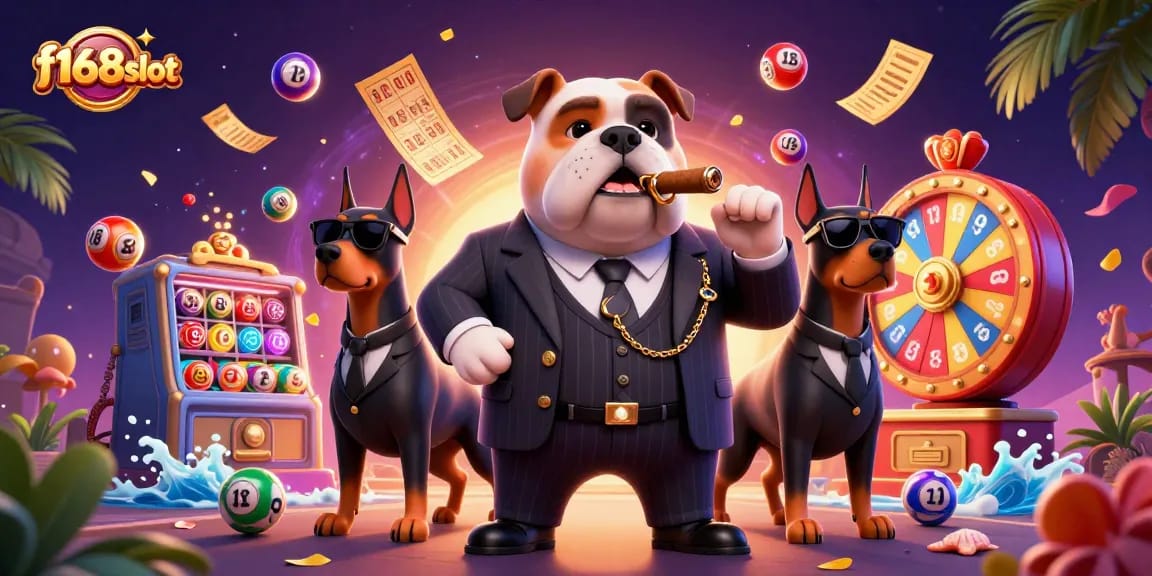 Join the excitement at f168slot with a dynamic casino scene featuring a cartoon mafia bulldog and thrilling game elements.