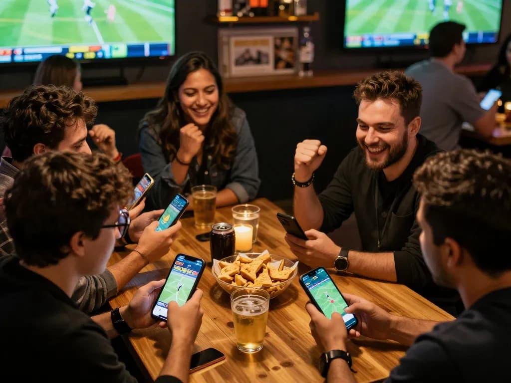 Simplified sports betting excitement on SIN 88 with friends placing bets during a live game.