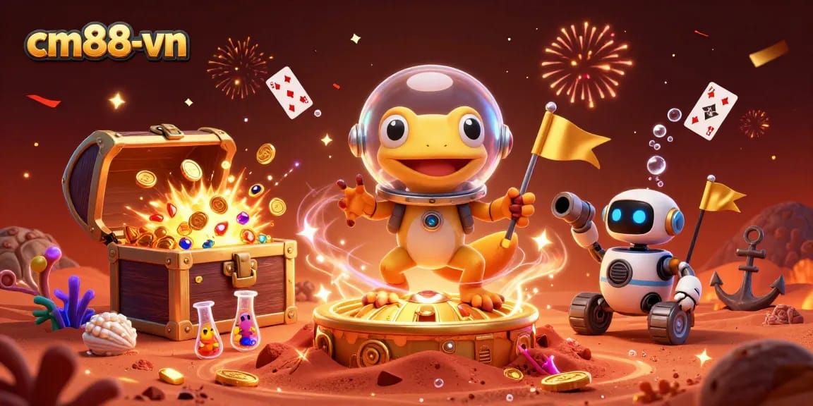 Experience the thrilling world of cm88-vn as a Martian gecko uncovers a hidden casino, surrounded by vibrant game elements.