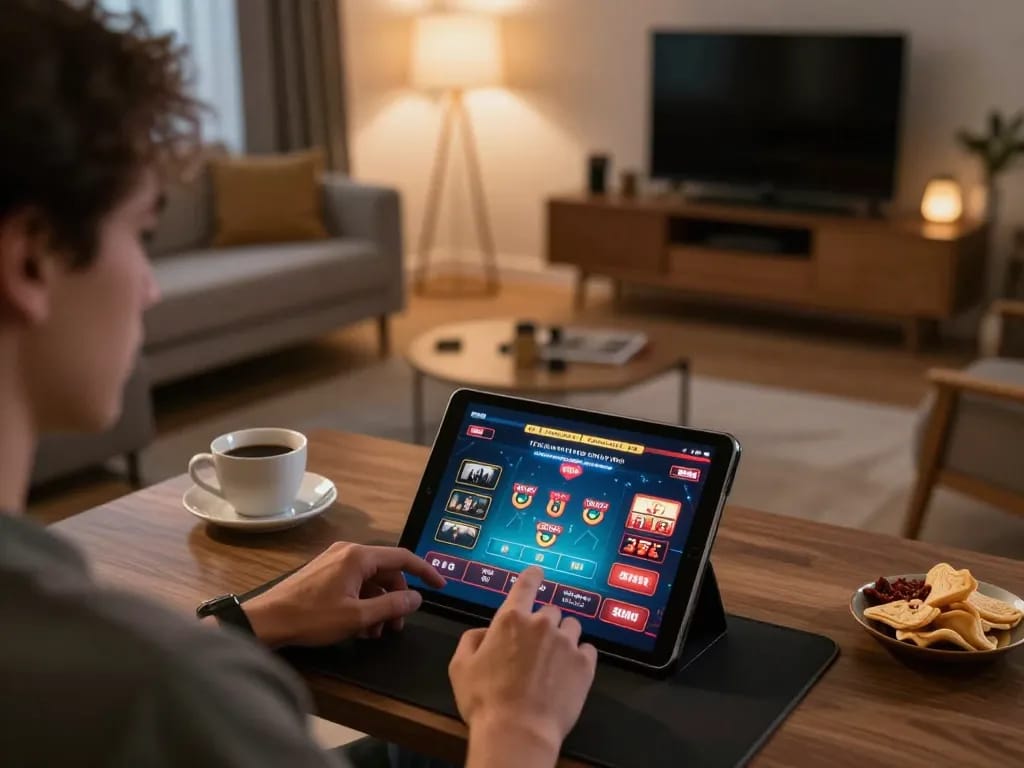 Person enjoying online gaming with fly88mb on tablet in a cozy living room.