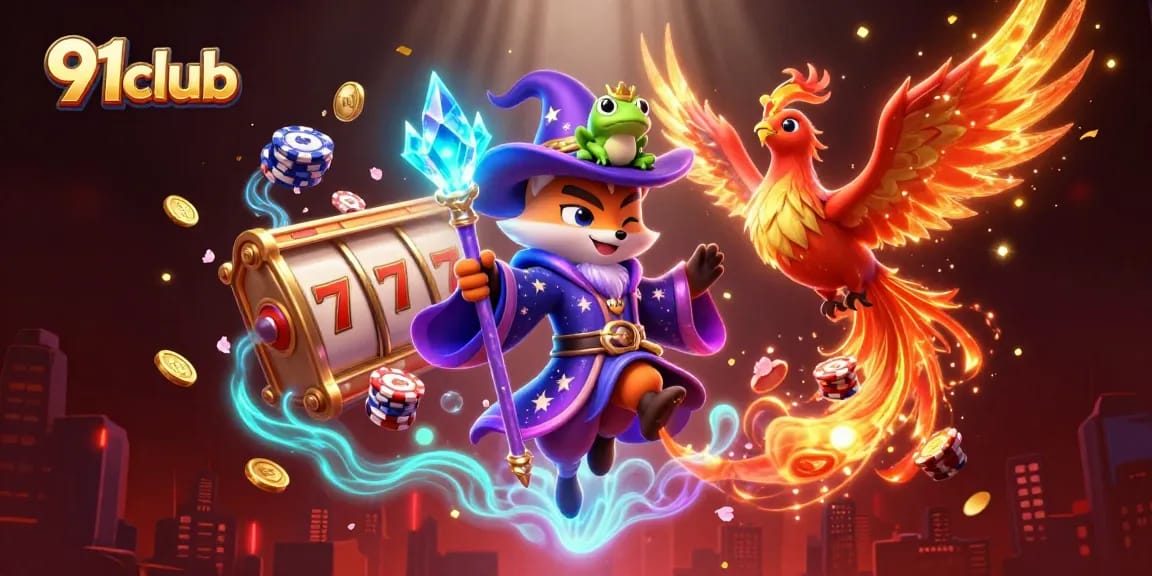 Engage in thrilling games at 91club, featuring a mystical fox wizard and a phoenix amidst vibrant casino elements.