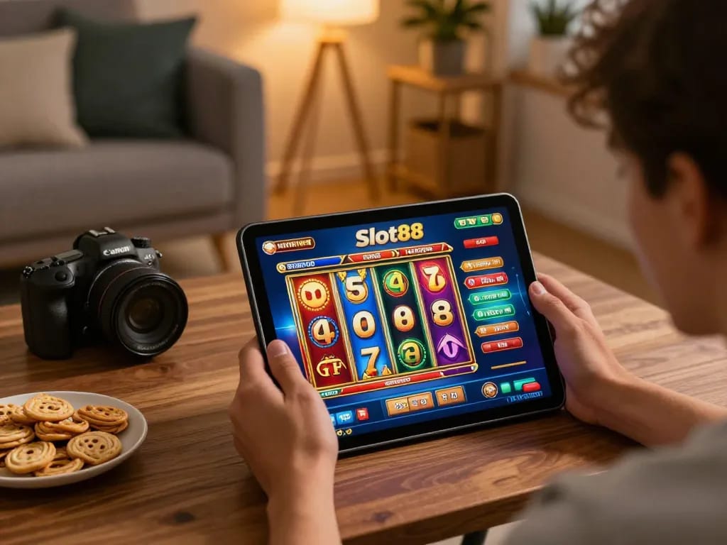 Enjoying Slot88 gaming session on tablet in cozy home environment with vibrant interface.