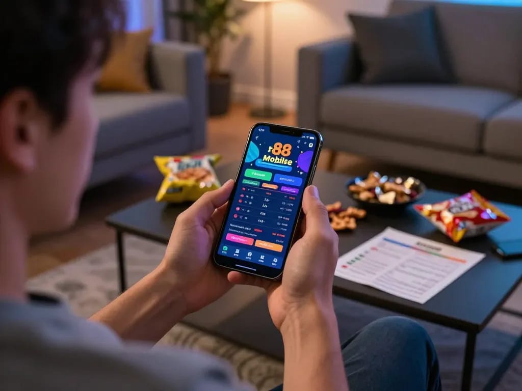 Engaging with fun88 mobile app for live betting in a cozy home setting.