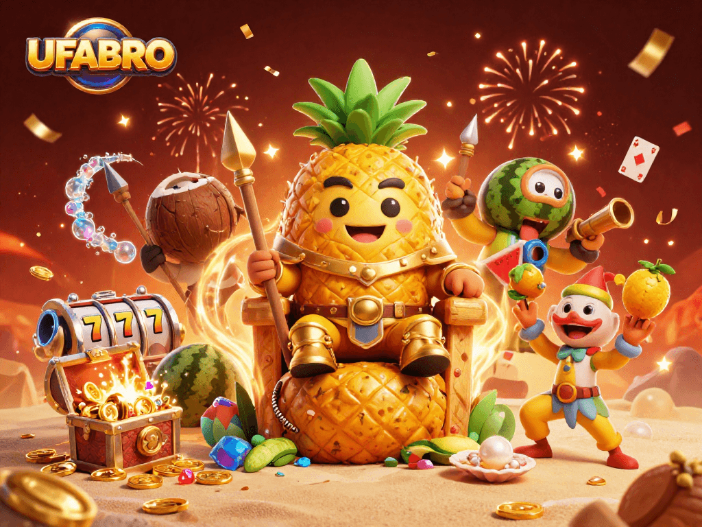 Experience thrilling games at UFABRO, featuring a golden pineapple king in a vibrant casino.