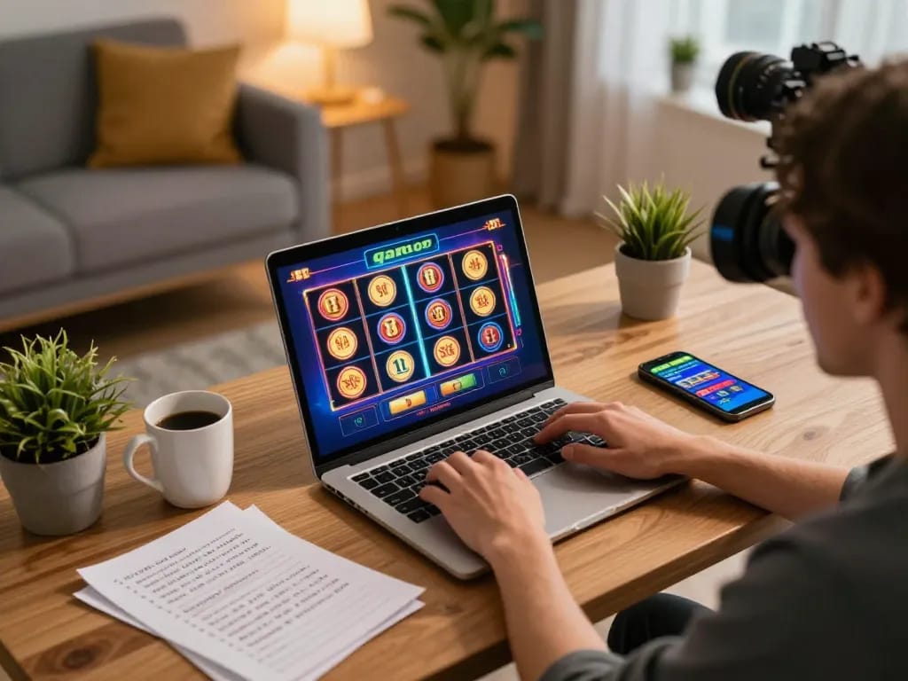 Engaging with slots not on gamstop at a home gaming setup, showcasing strategy notes and cozy decor.
