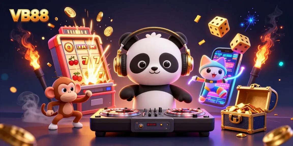 Spin to win with VB88 in a vibrant digital casino scene featuring animated characters.