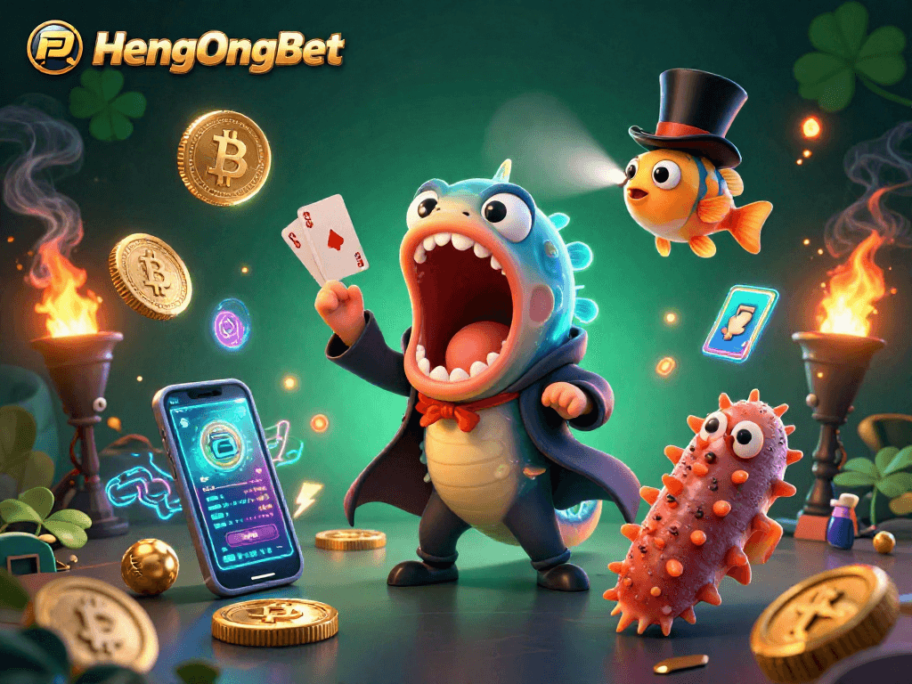 Engage with HengOngBet through a vibrant 3D illustration reflecting cryptocurrency gaming elements.