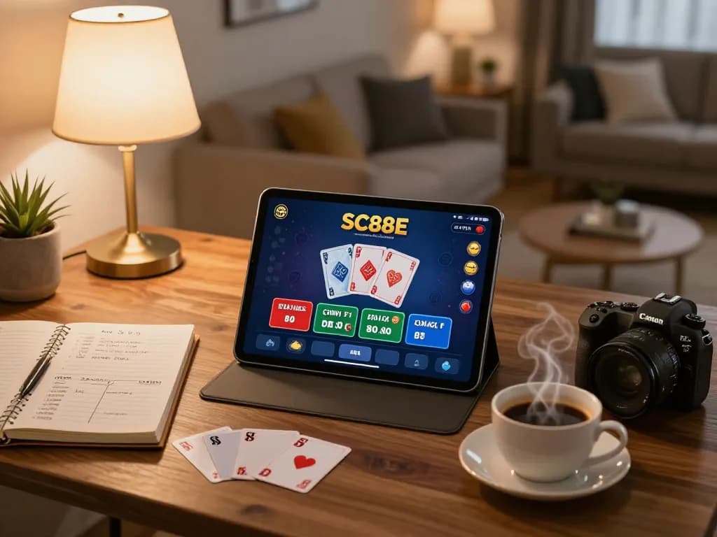Engaging mobile gaming experience with SC88E app on tablet in a cozy home setting.