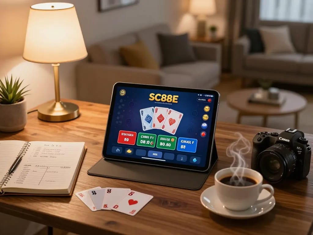 Engaging mobile gaming experience with SC88E app on tablet in a cozy home setting.