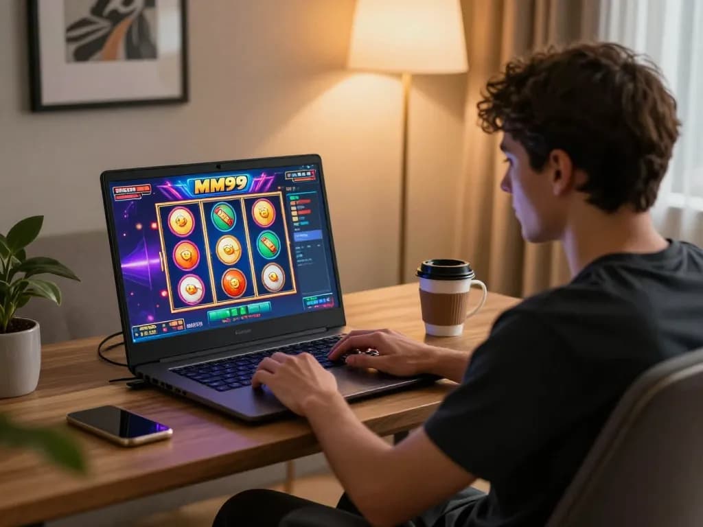 Engaging player enjoys MM99 Slot on laptop in cozy home setting, emphasizing responsible gaming.