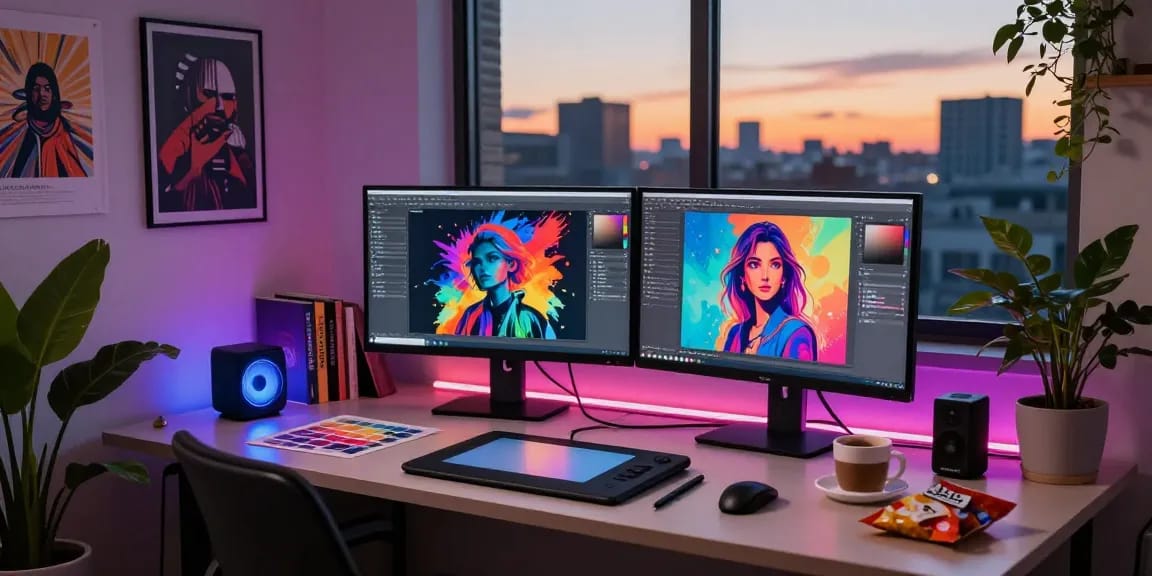 Vibrant digital art studio showcasing the creative process of ai nsfw artwork generation at dusk.