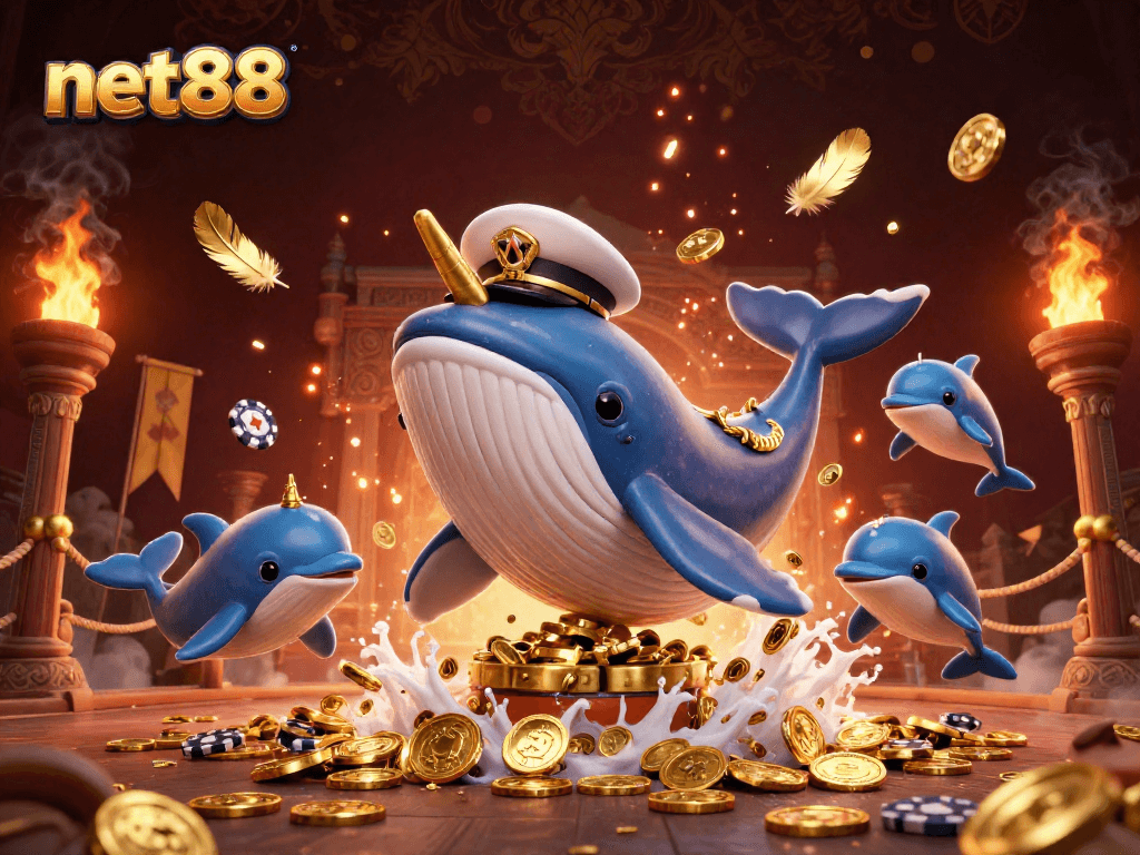 Engage with net88's vibrant casino scene showcasing a whale, narwhal, and dolphins amidst riches.