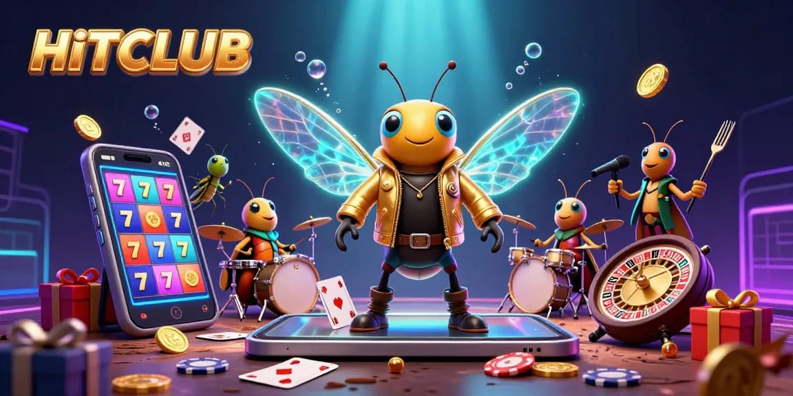 Engage with HITCLUB's vibrant 3D scene showcasing a rock star cicada amid dynamic casino symbols and games.