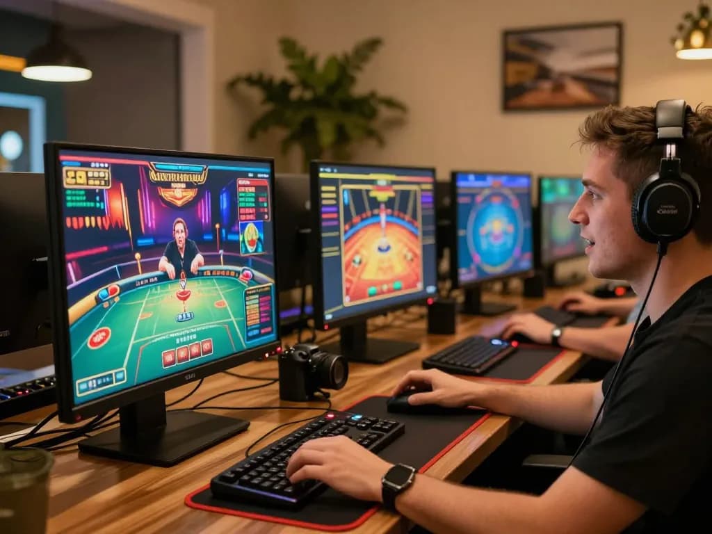 Engaging online gaming experience with m121-focused strategy shown on multiple screens